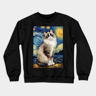 Adorable Ragdoll Cat Breed Painting in a Van Gogh Starry Night Art Style Crewneck Sweatshirt